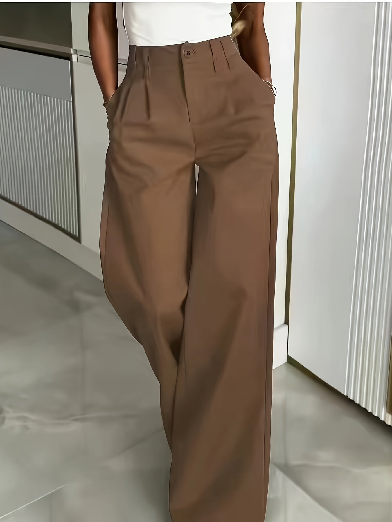 Pantalones Elegantes de Pierna Ancha para Mujeres con Cintura Alta, Frente de Botones y Estilo Plisado