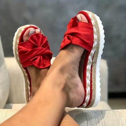 Sandalias de Deslizamiento Cómodas para Mujeres con Detalle de Lazo en Plataforma de Espadrille de Punta Abierta