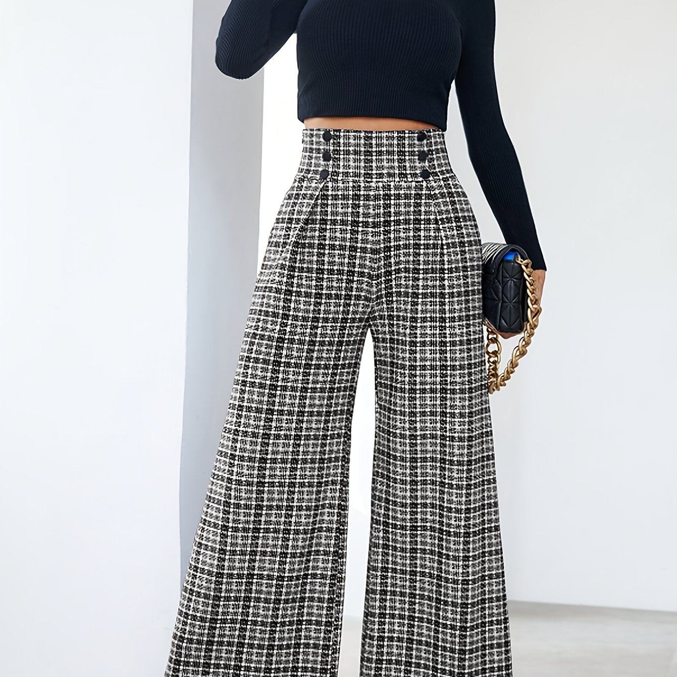 Pantalones Anchos de Tweed a Cuadros Elegantes para Mujeres con Cintura Alta y Frente de Botones con Pliegues Estilo Relajado