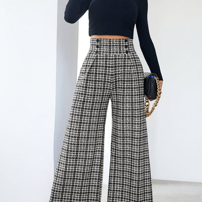 Pantalones Anchos de Tweed a Cuadros Elegantes para Mujeres con Cintura Alta y Frente de Botones con Pliegues Estilo Relajado