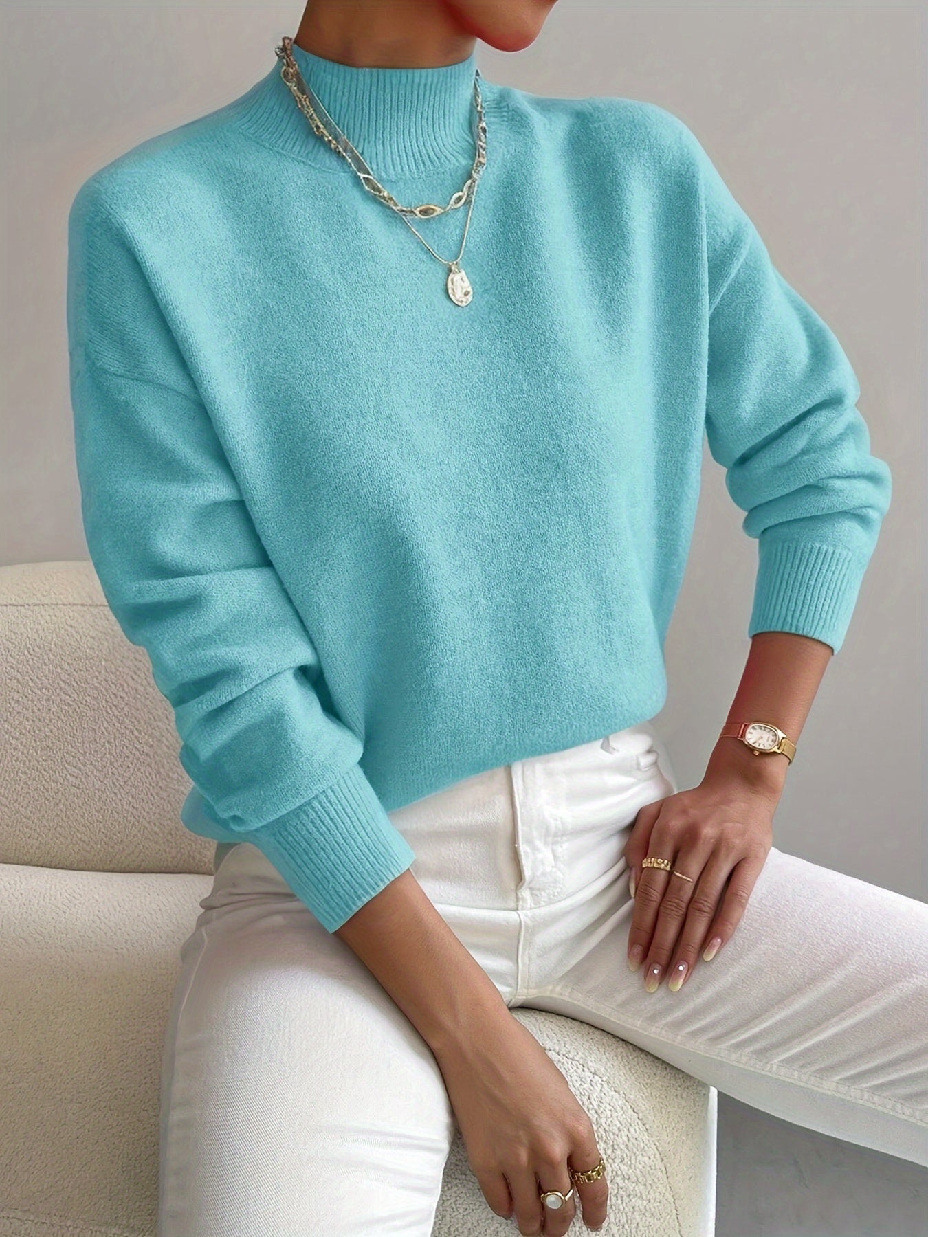 Suéter de punto cómodo para mujeres con cuello alto, mangas largas y estilo relajado y oversized