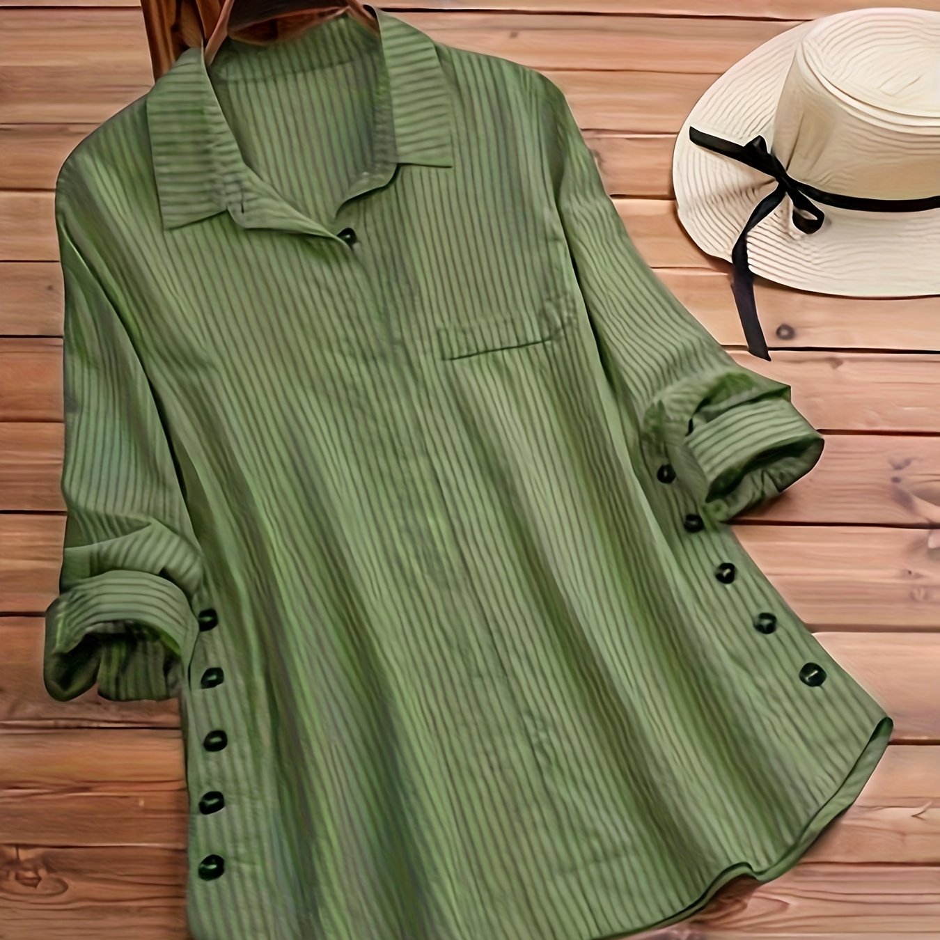 Blusa Rayada Sin Esfuerzo para Mujeres con Cuello, Manga Larga, Botones Lateral, Estilo Relajado