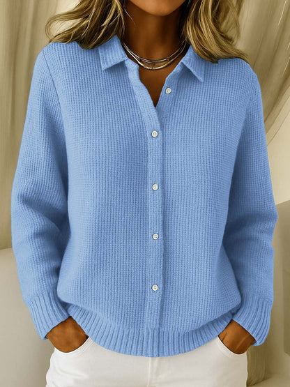 Blusa de Punto Waffle Cómoda para Mujeres con Cuello, Manga Larga, Botones en la Parte Frontal, Estilo Relajado