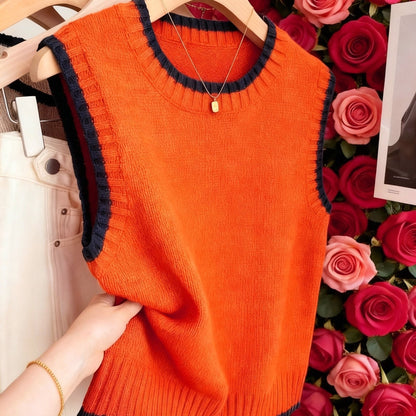 Chaleco de Suéter de Contraste Cómodo para Mujeres con Cuello Redondo, Sin Mangas, dobladillo Acanalado, Estilo Oversized
