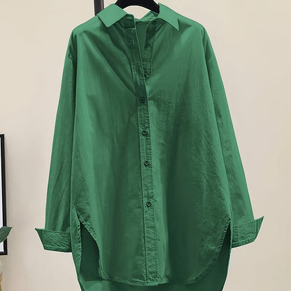 Blusa de Algodón Sin Esfuerzo para Mujeres con Cuello de Punto, Manga Larga, Estilo Oversized y Bajo Irregular