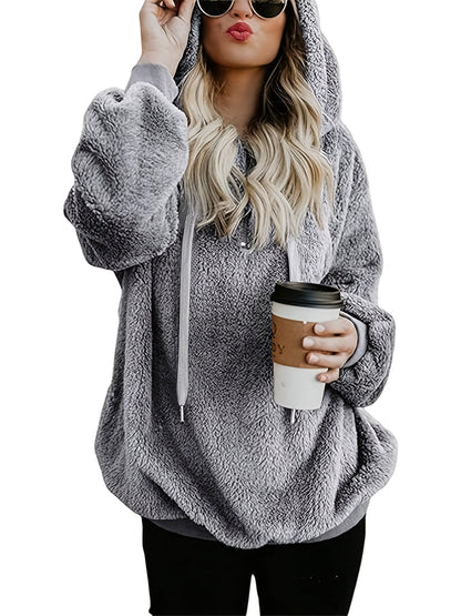 Sudadera cómoda de sherpa gris para mujeres con capucha, manga larga, cremallera de cuarto, estilo holgado y relajado