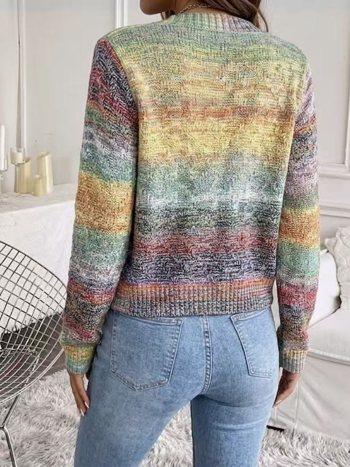 Suéter Cardigan de Tejido Espacial Cómodo para Mujeres con Cuello en V, Manga Larga y Botones en la Parte Frontal