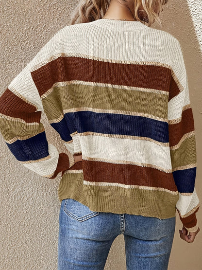 Suéter de rayas color bloque cómodo para mujeres con cuello redondo, manga larga y estilo de punto relajado y oversize