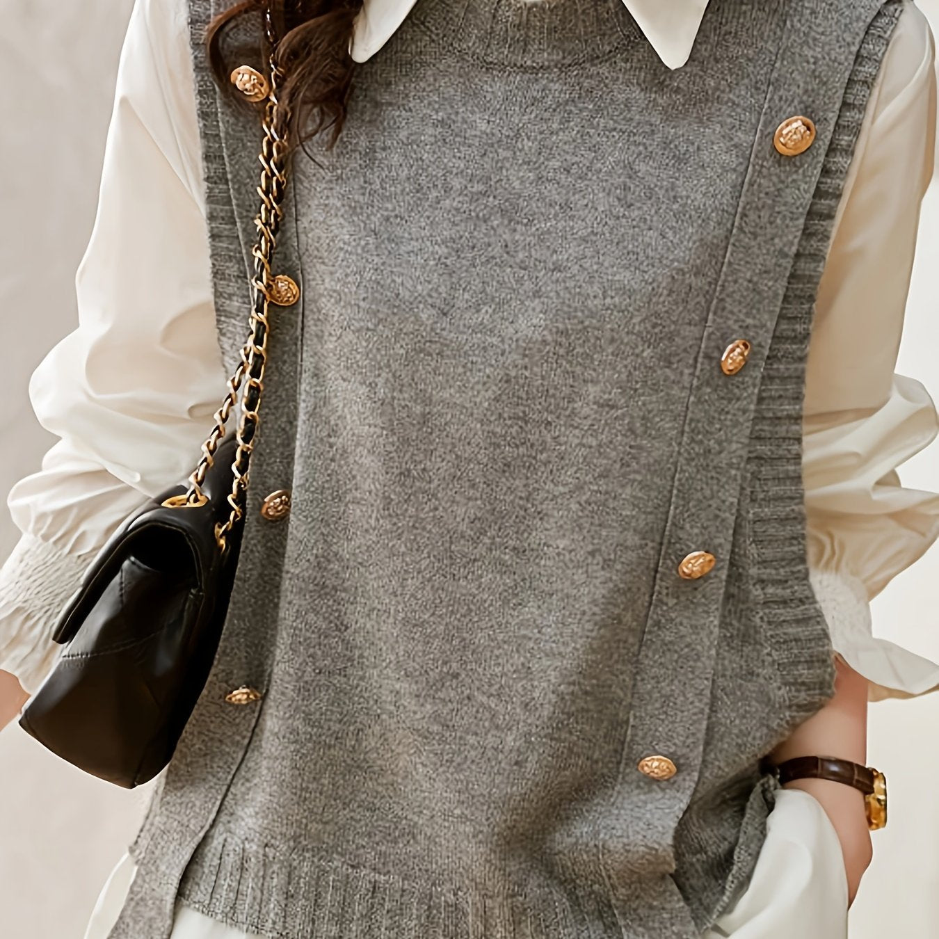 Chaleco de Suéter Cómodo para Mujeres con Cuello Redondo Sin Mangas y Detalle de Botones en Estilo Relajado y Oversized