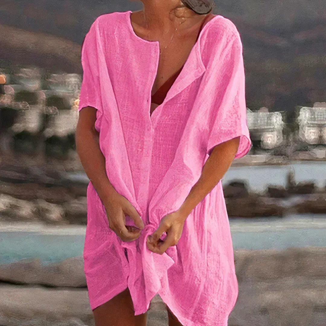 Túnica de Lino Sin Esfuerzo para Mujeres con Cuello de Muesca, Manga Corta y Nudo Frontal, Estilo Relajado de Playa