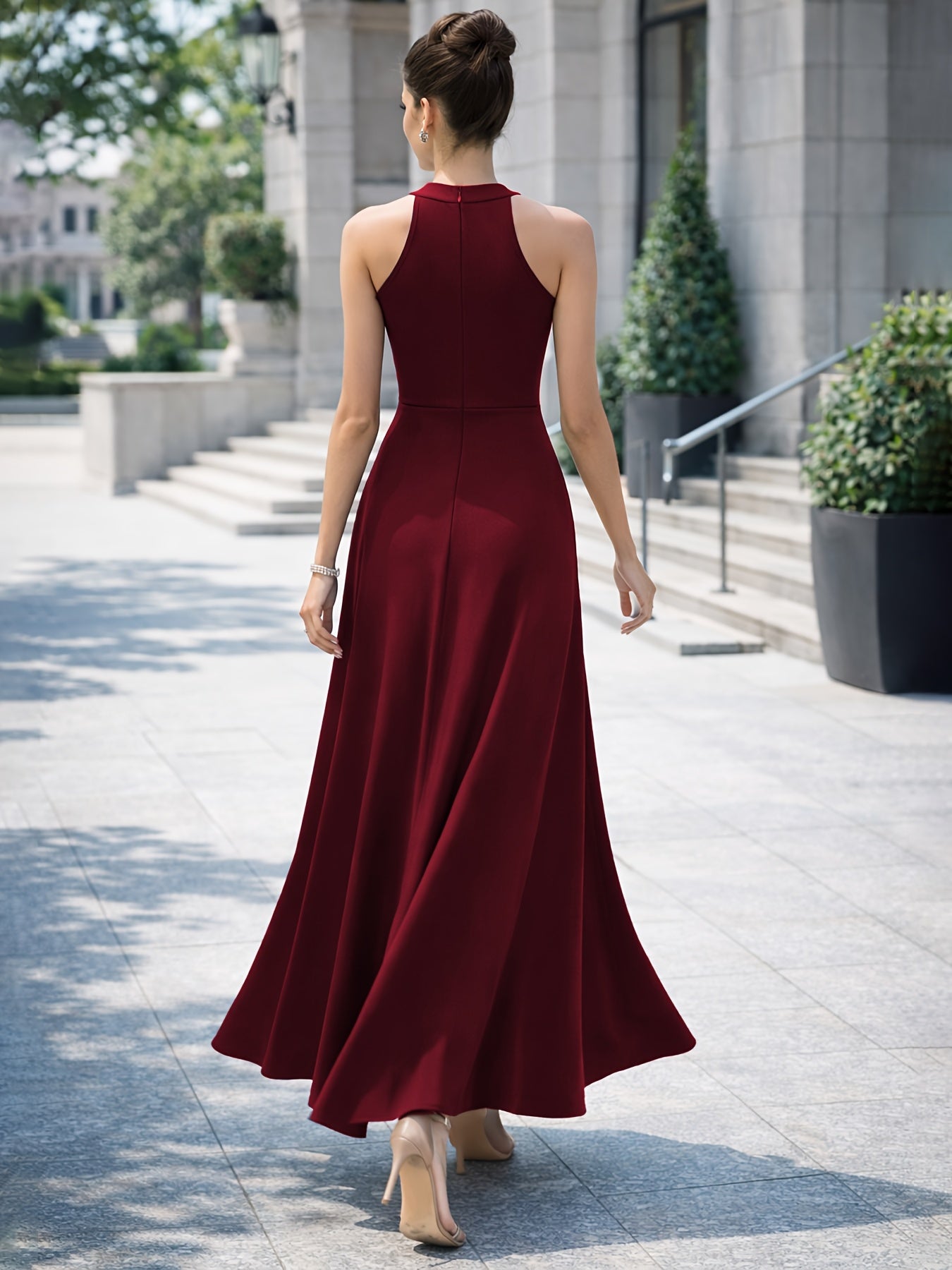Vestido Maxi Elegante para Mujeres con Cuello Alto, Sin Mangas, Con Abertura Alta, Estilo Formal para Invitadas de Bodas