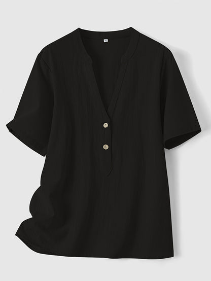Blusa Texturizada Sin Esfuerzo para Mujeres con Escote en V Notch, Manga Corta, Estilo Relajado y Botones en la Parte Frontal