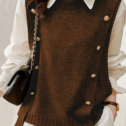 Chaleco de Suéter Cómodo para Mujeres con Cuello Redondo Sin Mangas y Detalle de Botones en Estilo Relajado y Oversized
