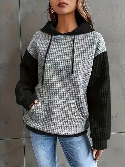 Sudadera Texturizada Colorblock Cómoda para Mujeres con Capucha Ajustable, Manga Larga y Bolsillo Canguro, Estilo Oversized