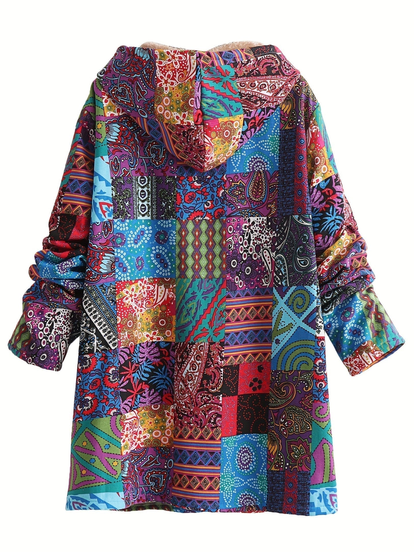 Abrigo de forro polar con estampado de patchwork sin esfuerzo para mujeres, con capucha, manga larga, frente abotonado y estilo bohemio oversized