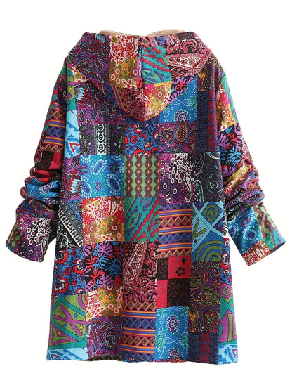 Abrigo de forro polar con estampado de patchwork sin esfuerzo para mujeres, con capucha, manga larga, frente abotonado y estilo bohemio oversized