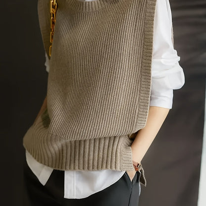 Chaleco de Suéter Acanalado Cómodo para Mujeres con Cuello Redondo Sin Mangas Estilo Oversized