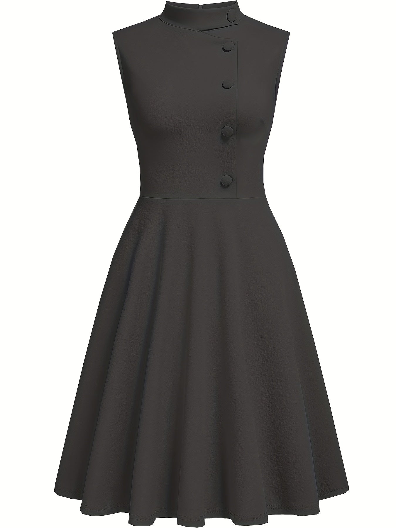 Elegante Vestido Midi Azul Marino para Mujeres con Cuello Alto Sin Mangas y Botones en la Parte Frontal, Estilo Cóctel de Corte Ajustado y Acampanado