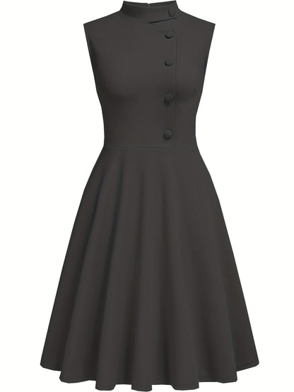 Elegante Vestido Midi Azul Marino para Mujeres con Cuello Alto Sin Mangas y Botones en la Parte Frontal, Estilo Cóctel de Corte Ajustado y Acampanado