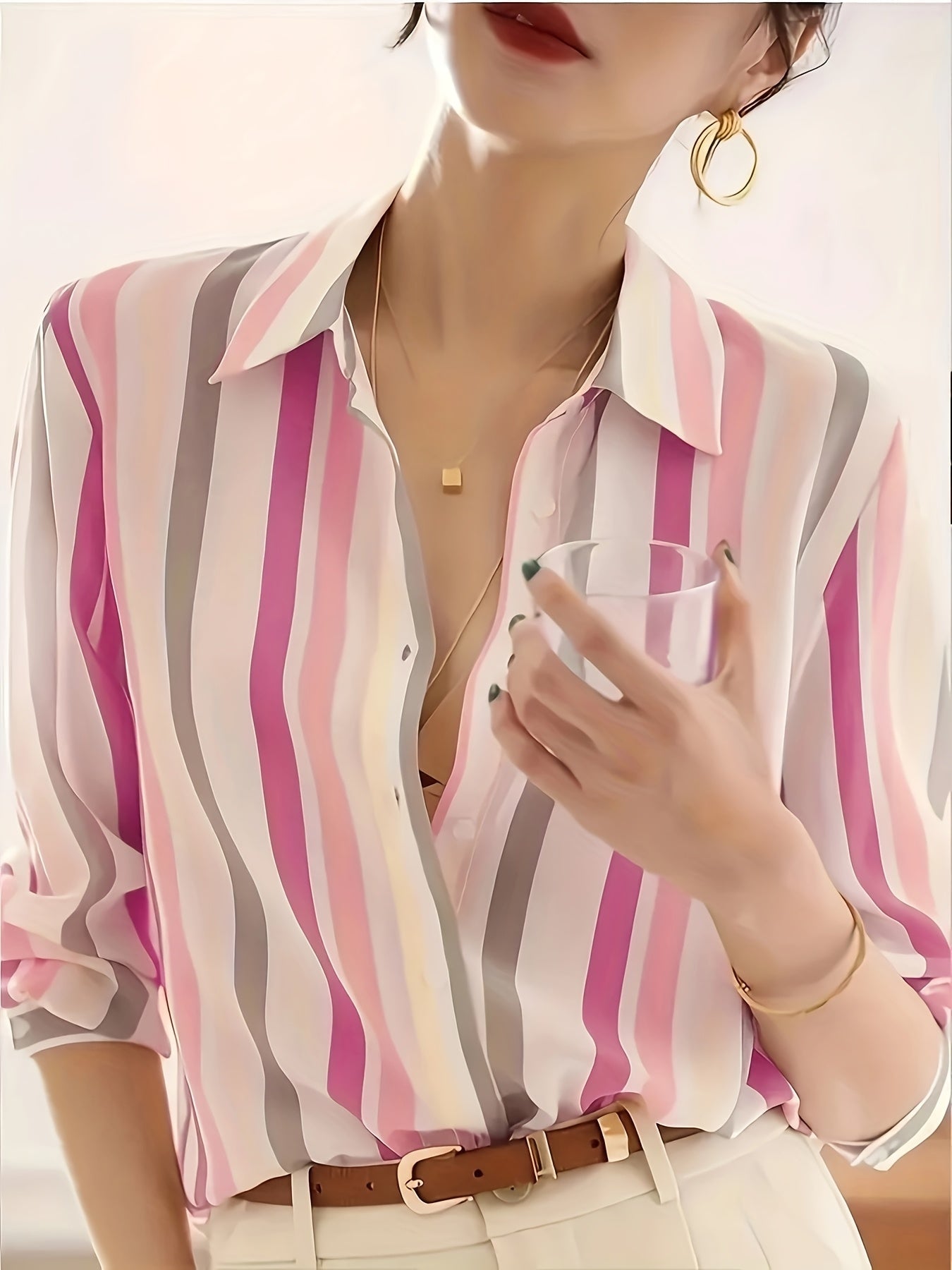 Blusa de Chifón Rayada Sin Esfuerzo para Mujeres con Cuello, Manga Larga, Botones Frontales y Estilo Sedoso Relajado
