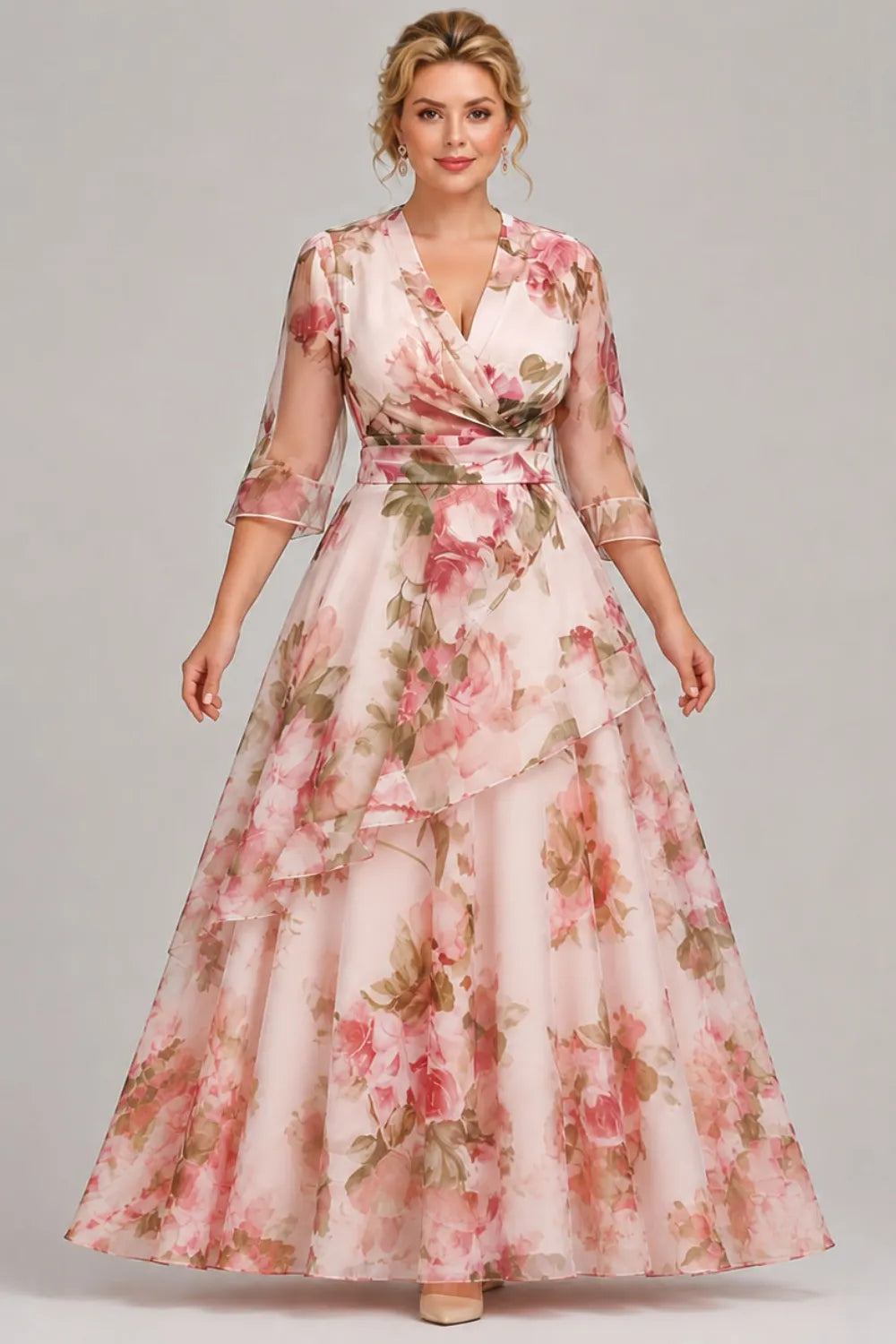 Elegante Vestido Maxi Floral Rosa para Mujeres con Escote en V, Manga de Campana, Estilo de Invitada de Boda con Volantes en Capas