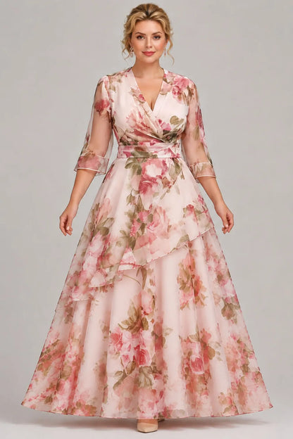 Elegante Vestido Maxi Floral Rosa para Mujeres con Escote en V, Manga de Campana, Estilo de Invitada de Boda con Volantes en Capas