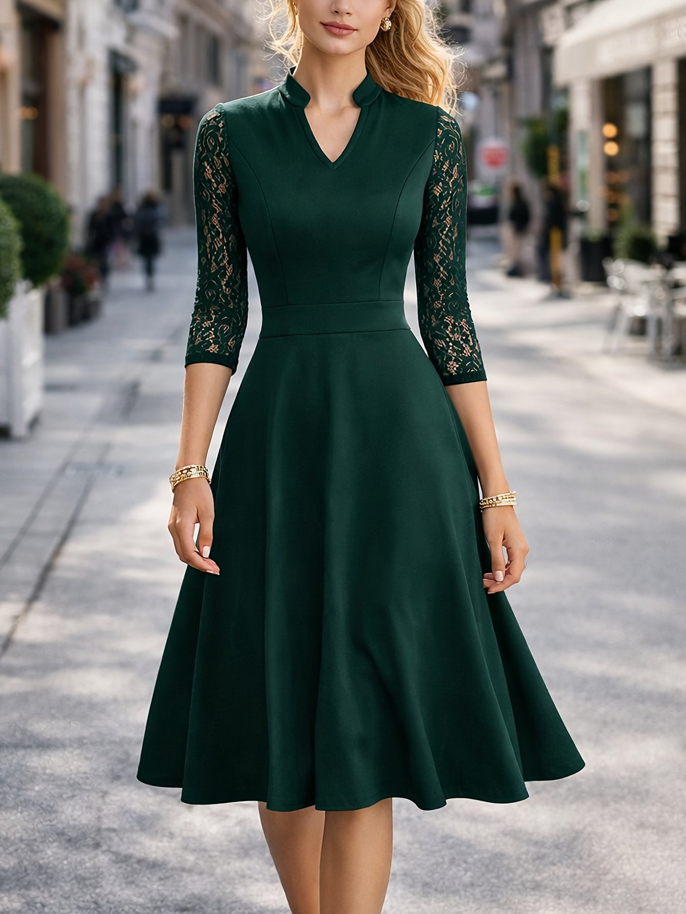 Vestido Midi Elegante con Encaje para Mujeres con Cuello en V Notch y Mangas Tres Cuartos, Estilo Fit and Flare para Cócteles