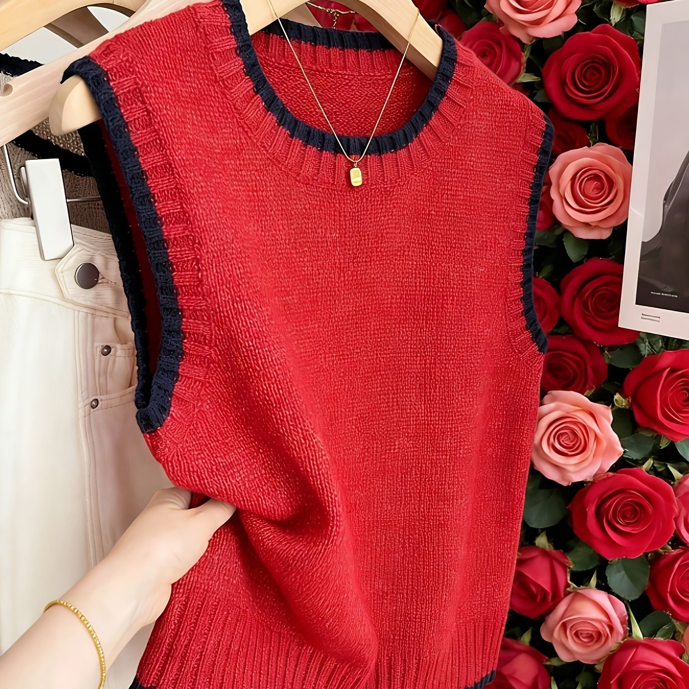 Chaleco de Suéter de Contraste Cómodo para Mujeres con Cuello Redondo, Sin Mangas, dobladillo Acanalado, Estilo Oversized