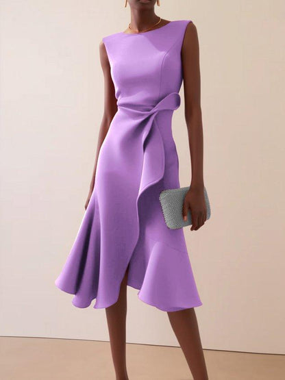 Vestido Midi Elegante con Drapé para Mujeres con Escote Barco, Sin Mangas y Bajo con Volantes Asimétricos Estilo Cóctel