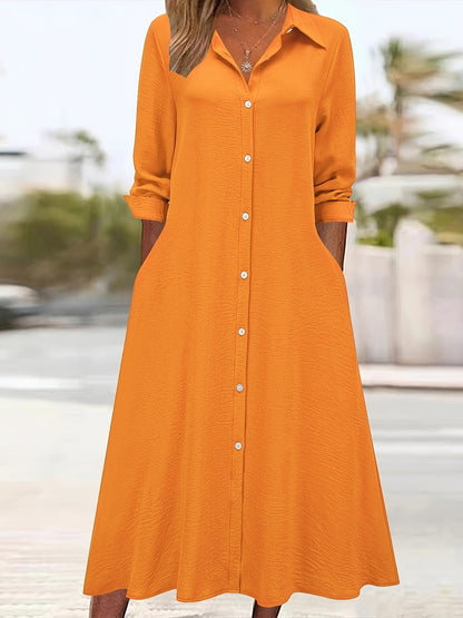 Vestido Camisa Elegante de Botones Frontal para Mujeres con Cuello y Manga Larga Estilo A Linea Fluyente