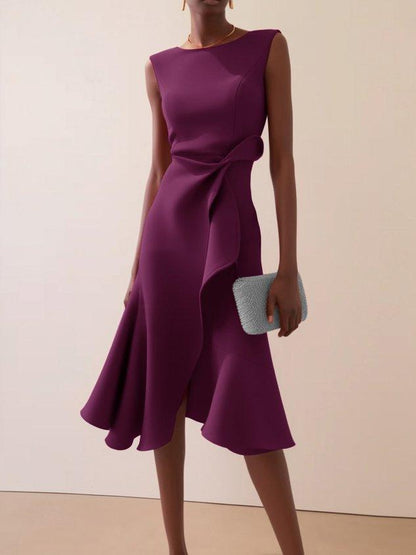 Vestido Midi Elegante con Drapé para Mujeres con Escote Barco, Sin Mangas y Bajo con Volantes Asimétricos Estilo Cóctel