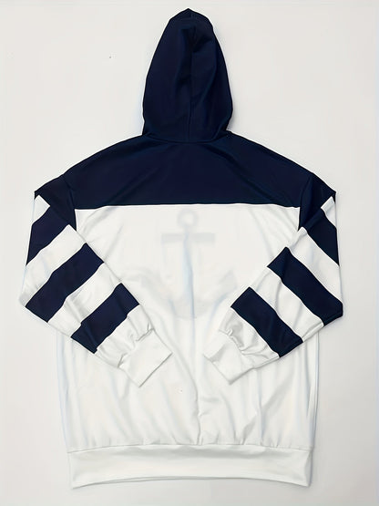 Sudadera cómoda con estampado de ancla en color marino y blanco para mujeres, con capucha ajustable, de manga larga, estilo casual oversized