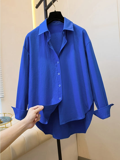 Blusa de Algodón Sin Esfuerzo para Mujeres con Cuello de Punto, Manga Larga, Estilo Oversized y Bajo Irregular