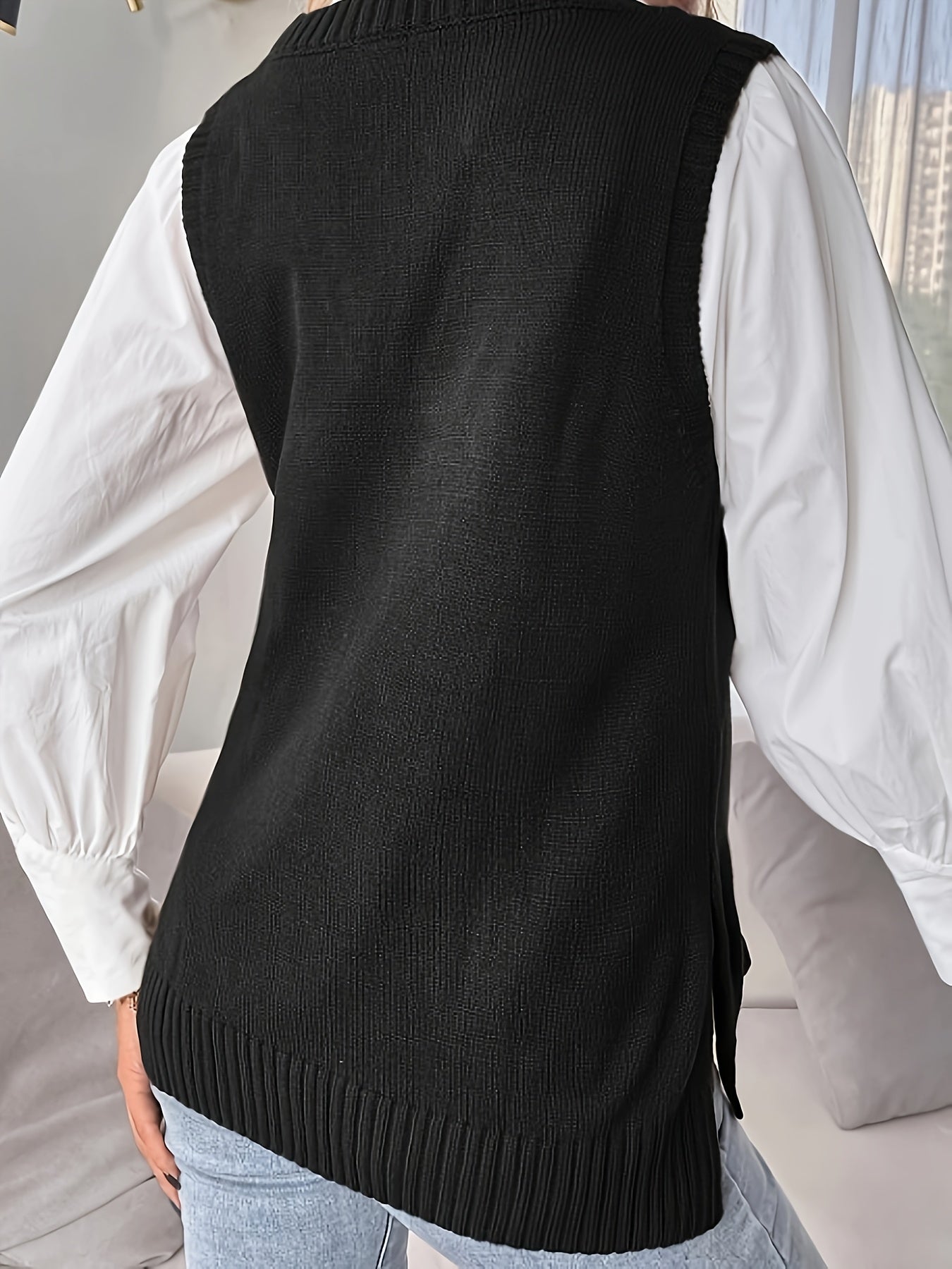 Chaleco de Punto Acanalado Cómodo para Mujeres con Cuello en V, Sin Mangas y Estilo Relajado y Oversized