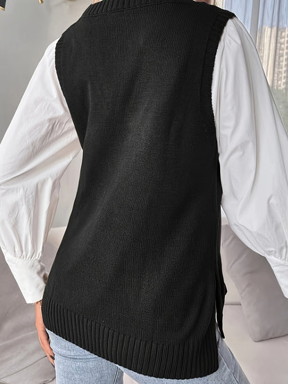 Chaleco de Punto Acanalado Cómodo para Mujeres con Cuello en V, Sin Mangas y Estilo Relajado y Oversized