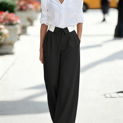Pantalones de Pierna Ancha Sin Esfuerzo para Mujeres con Cintura Alta, Cinturón con Lazo Plisado Estilo Tailored