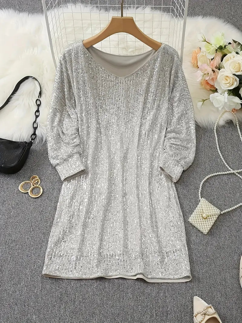 Elegante Vestido Mini de Lentejuelas para Mujeres con Manga Murciélago Descubierta Cuerpo Ajustado Brillante Estilo Formal para Fiestas