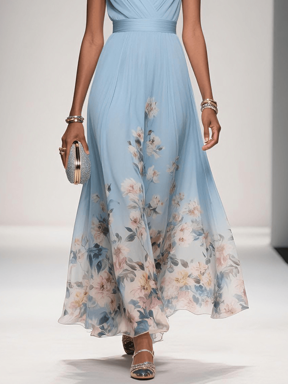 Elegante Vestido Maxi Floral para Mujeres con Escote en V Sin Mangas y Cintura Envolvente, Estilo para Invitadas de Boda