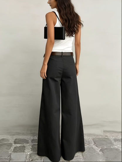 Pantalones Anchos Sin Esfuerzo para Mujeres con Cintura Alta, Botón Frontal, Estilo Casual Relajado