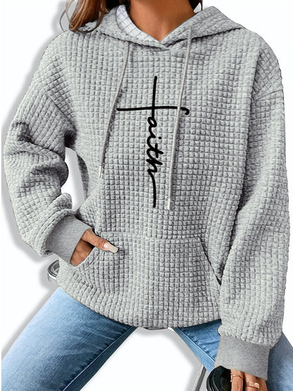 Sudadera gráfica de punto waffle cómoda para mujeres con capucha ajustable, de manga larga y estilo oversized