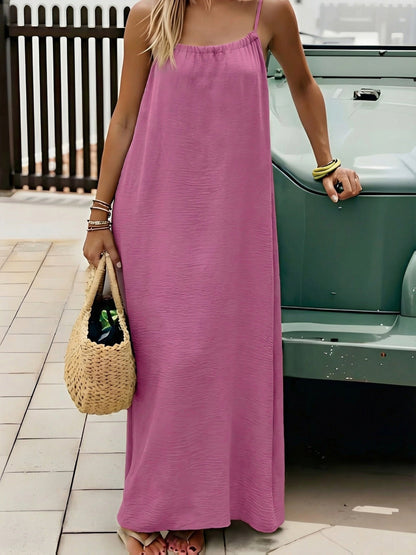 Vestido Maxi Texturizado Sin Espalda para Mujeres con Tirantes de Espagueti y Cuerda, Estilo Bohemio Fluyente