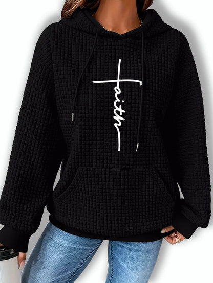 Sudadera gráfica de punto waffle cómoda para mujeres con capucha ajustable, de manga larga y estilo oversized