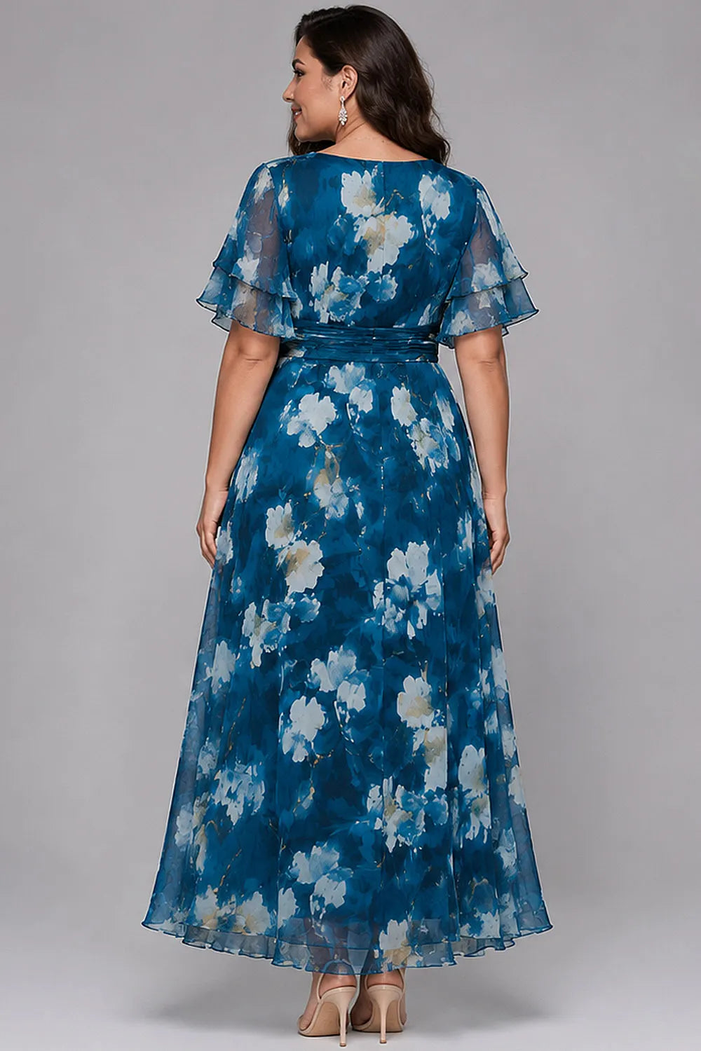 Elegante Vestido Maxi Floral Azul para Mujeres con Escote en V y Mangas Volantes, Estilo para Invitadas de Boda