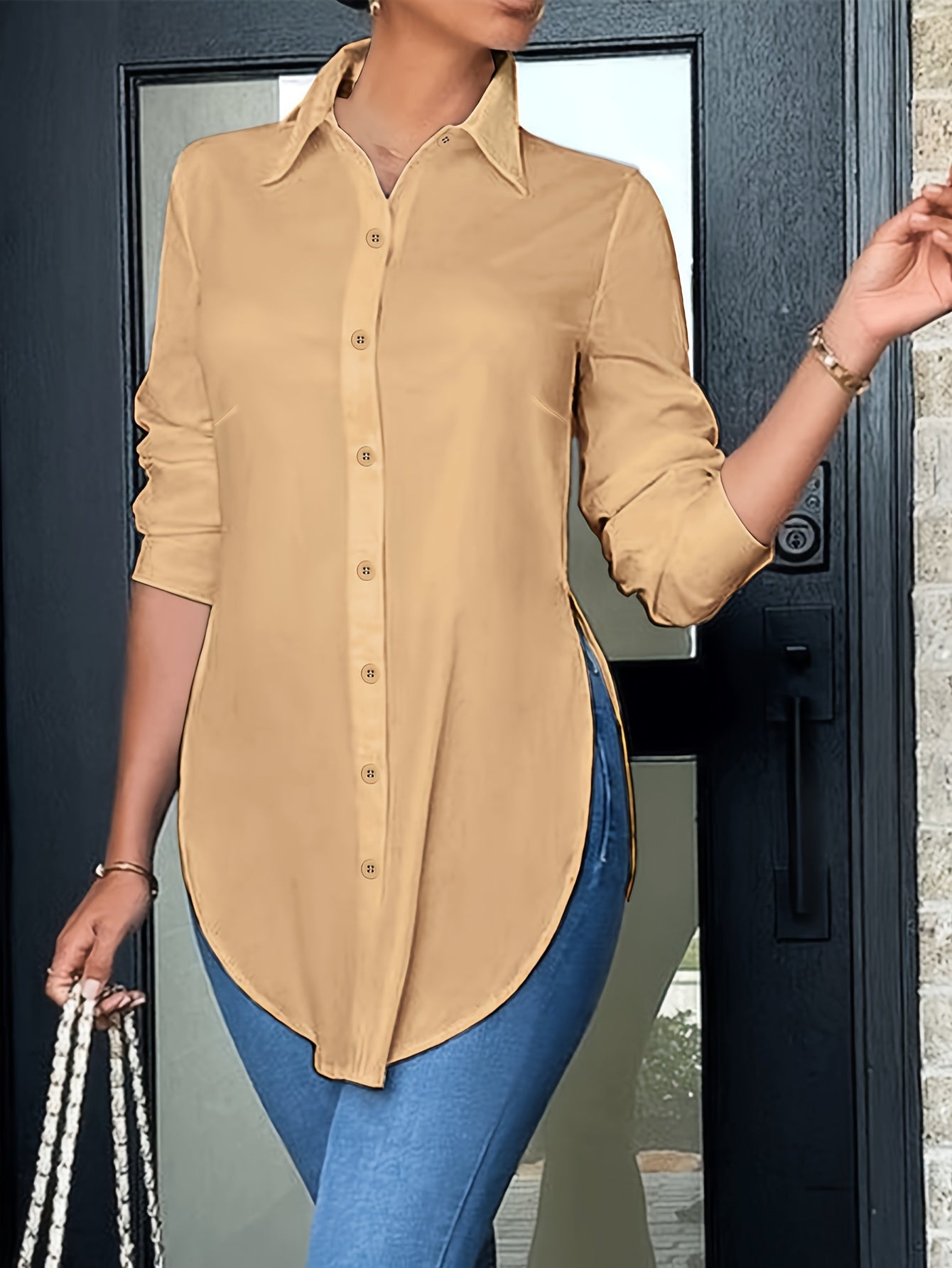 Blusa Tunic Sin Esfuerzo para Mujeres con Cuello, Manga Larga, Botones en la Parte Frontal, Estilo Relajado Alto-Bajo