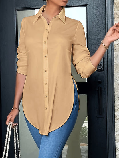 Blusa Tunic Sin Esfuerzo para Mujeres con Cuello, Manga Larga, Botones en la Parte Frontal, Estilo Relajado Alto-Bajo