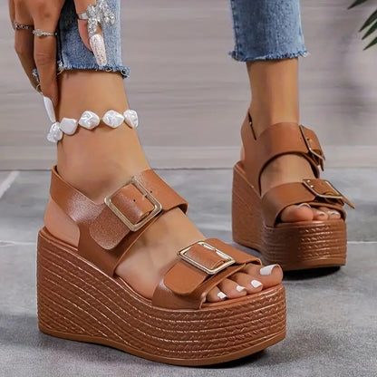 Sandalias de cuña cómodas marrones para mujeres con tiras dobles y plataforma de esparto, estilo abierto