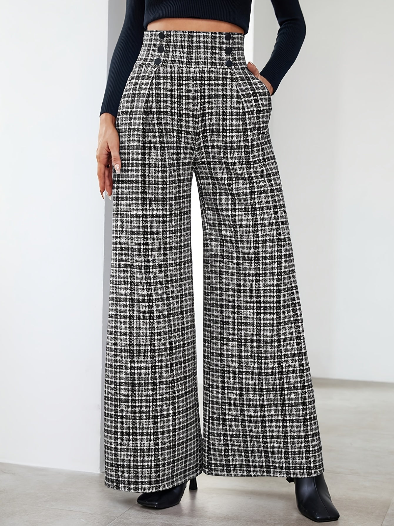 Pantalones Anchos de Tweed a Cuadros Elegantes para Mujeres con Cintura Alta y Frente de Botones con Pliegues Estilo Relajado