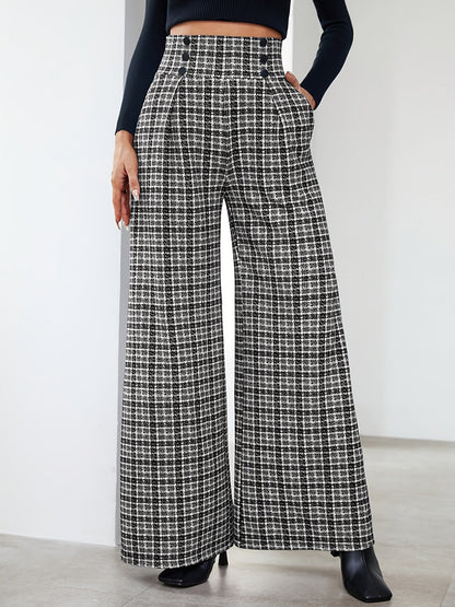 Pantalones Anchos de Tweed a Cuadros Elegantes para Mujeres con Cintura Alta y Frente de Botones con Pliegues Estilo Relajado