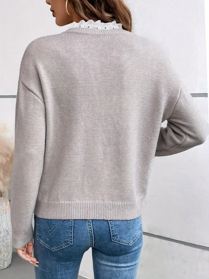 Suéter Cómodo con Encaje para Mujeres con Cuello en V y Mangas Largas, Estilo Oversized