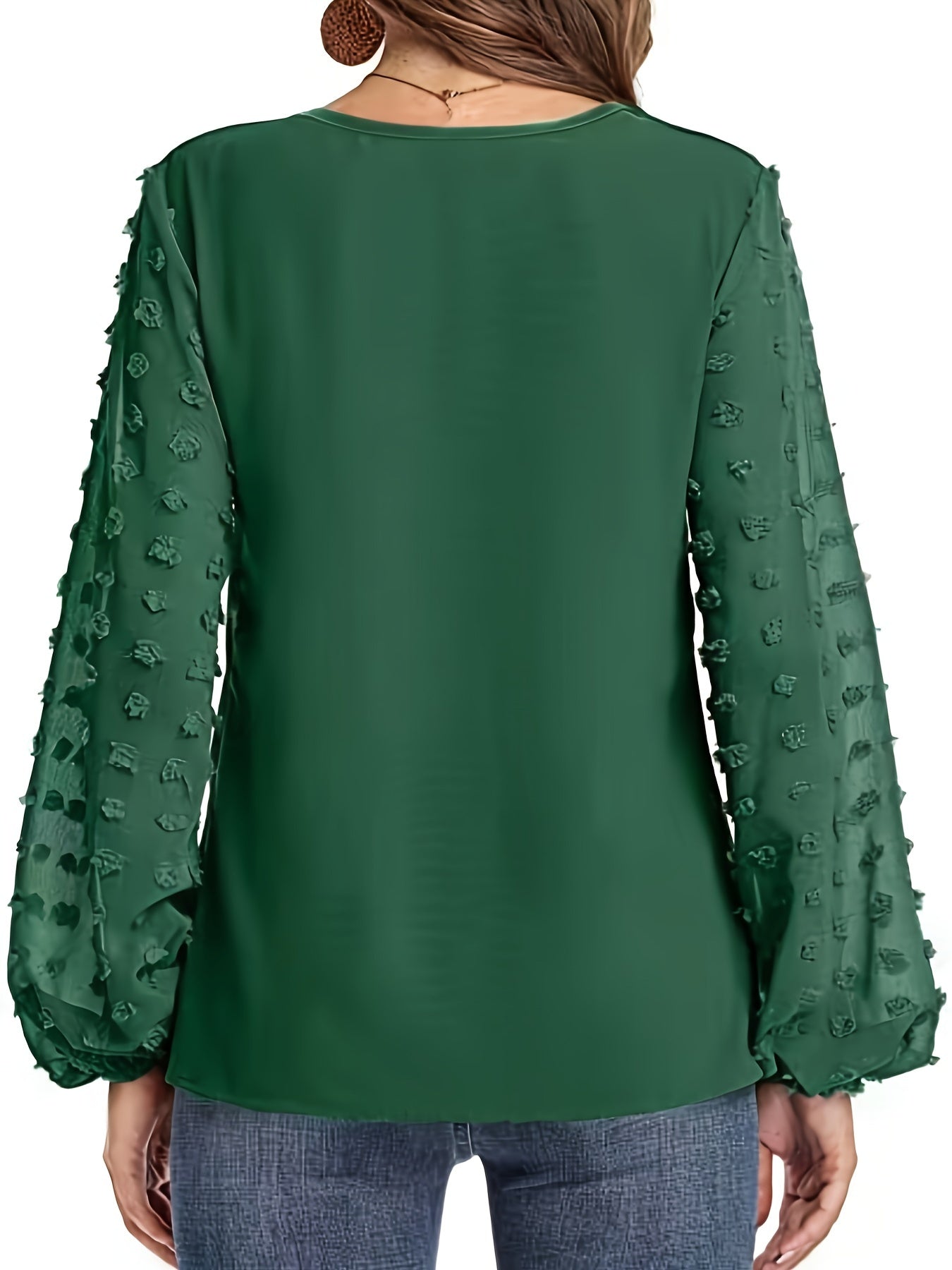 Blusa de Puntos Suizos sin Esfuerzo para Mujeres con Cuello en V y Manga Obispo de Chifón Texturizado Estilo Casual